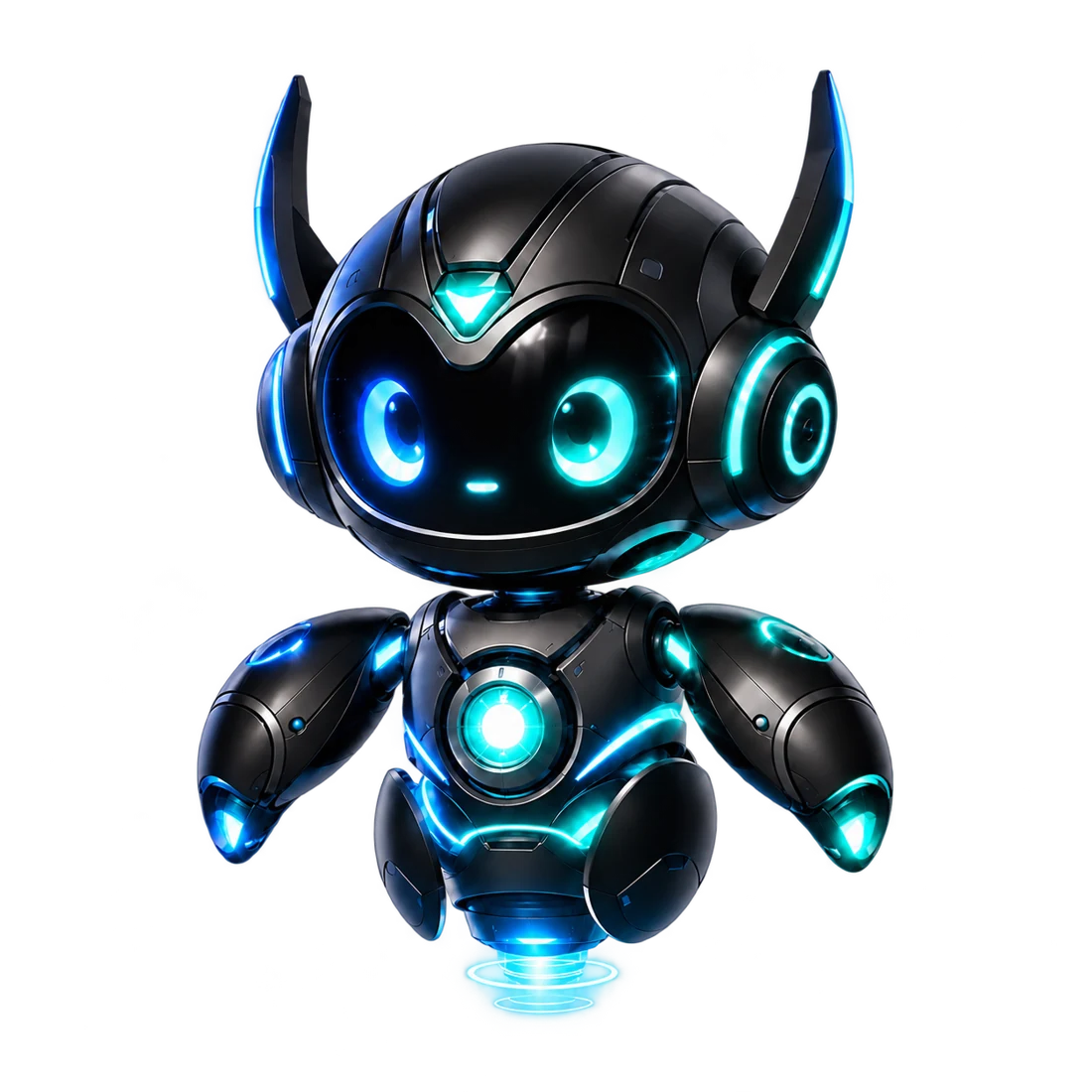 Lumi, Lumora’s black metallic robot mascot with blue and cyan eyes